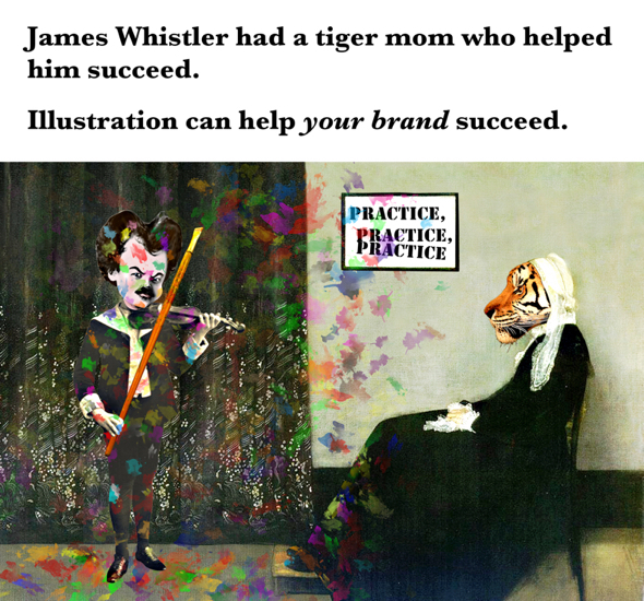 Whistler's Mother parody James playing violin with paint brush tiger mom helped him succeed illustration will help your brand succeed