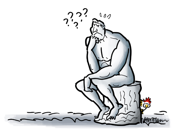 detail image Rodin's famous The Thinker statue sculpture thinking hard chicken peeking out laughing