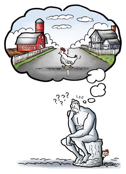 Rodin's famous The Thinker statue sculpture puzzles over why chicken crossed road