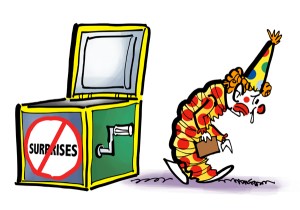 jack-in-the-box walking away from box with suitcase shedding a tear sign indicates surprises are not allowed first rule of freelancing customer relations