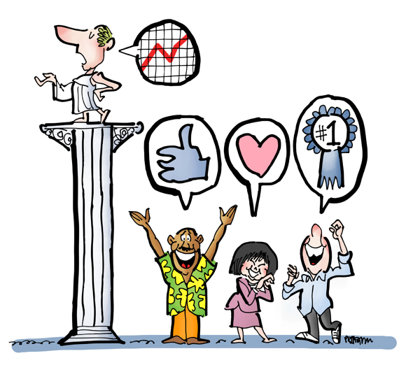 Greek guy on pedestal influencer speaking data graph satisfied customers below giving recommendations testimonials to brand business