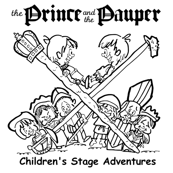 rough sketch Prince Pauper illustration two lookalike boys facing each other on crossed sword walking stick with court servants soldiers bishop below final illustration