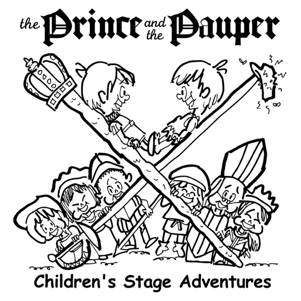 rough sketch Prince Pauper illustration two lookalike boys facing each other on crossed sword walking stick with court servants soldiers bishop below cleaned up partially redrawn