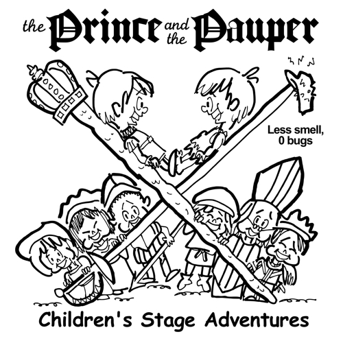 rough sketch Prince Pauper illustration two lookalike boys facing each other on crossed sword walking stick with court servants soldiers bishop below less smell zero bugs pauper's cap