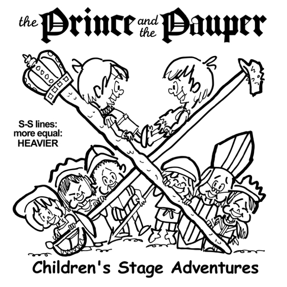 rough sketch Prince Pauper illustration two lookalike boys facing each other on crossed sword walking stick with court servants soldiers bishop below heavier more equal sword stick lines
