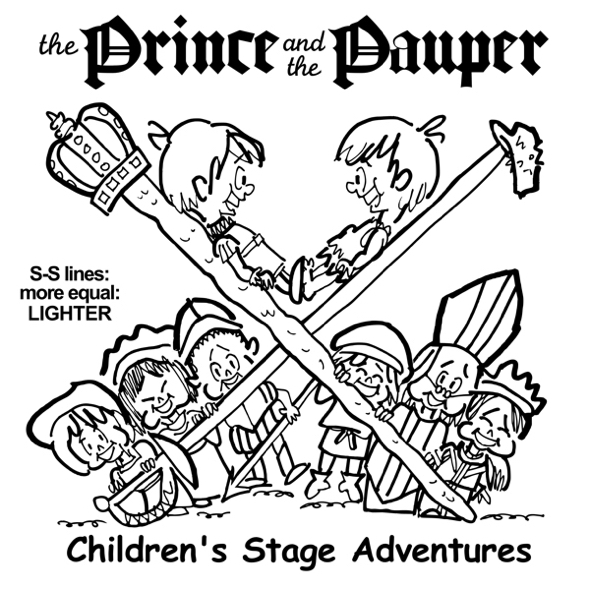rough sketch Prince Pauper illustration two lookalike boys facing each other on crossed sword walking stick with court servants soldiers bishop below lighter more equal sword stick lines