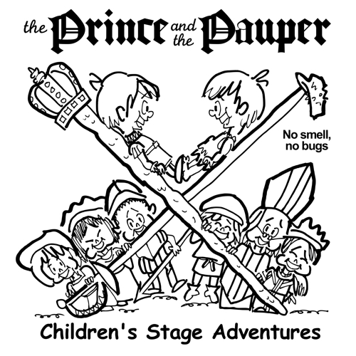 rough sketch Prince Pauper illustration two lookalike boys facing each other on crossed sword walking stick with court servants soldiers bishop below no smell no bugs pauper's cap