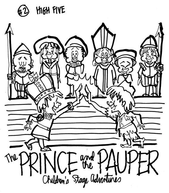 rough sketch Prince Pauper illustration two lookalike boys giving each other high five at palace court servants soldiers bishop look on