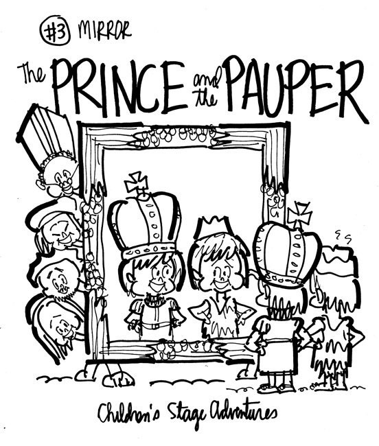 rough sketch Prince Pauper illustration two lookalike boys looking at each other in mirror bishop court servants attendees peering around mirror