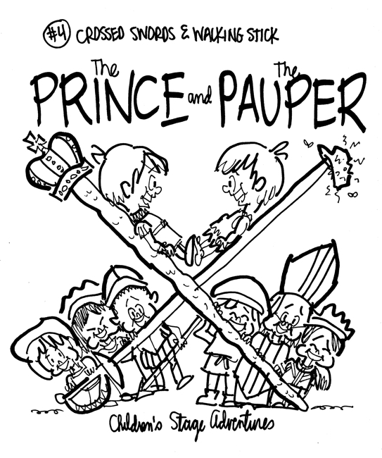 rough sketch Prince Pauper illustration two lookalike boys facing each other on crossed sword walking stick with court servants soldiers bishop below