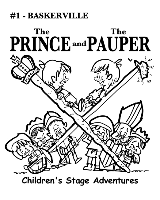 rough sketch Prince Pauper illustration two lookalike boys facing each other on crossed sword walking stick with court servants soldiers bishop below Baskerville typeface for title