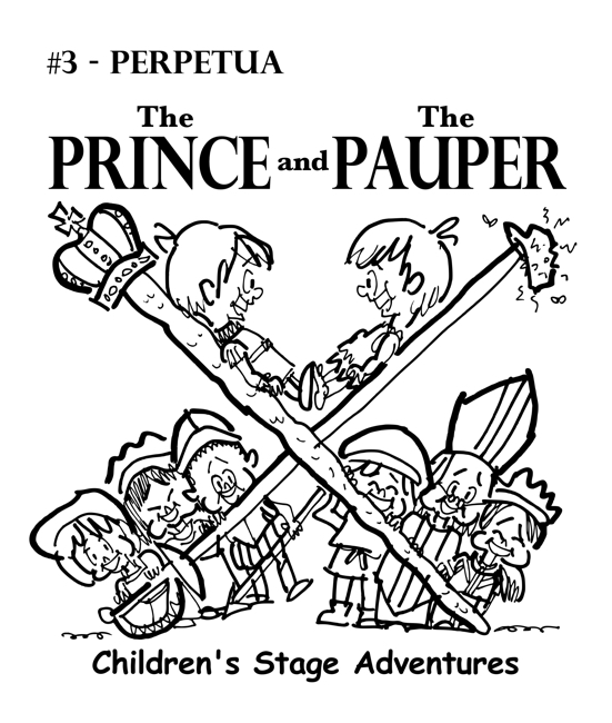 rough sketch Prince Pauper illustration two lookalike boys facing each other on crossed sword walking stick with court servants soldiers bishop below Perpetua typeface for title
