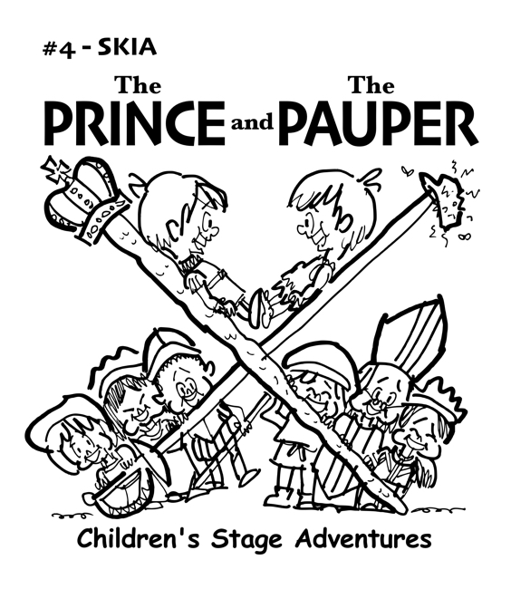 rough sketch Prince Pauper illustration two lookalike boys facing each other on crossed sword walking stick with court servants soldiers bishop below Skia typeface for title