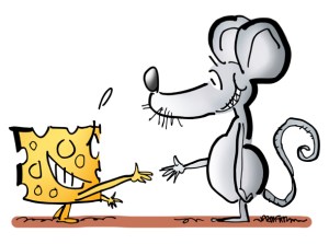Unusual networking piece of cheese shaking hands with a mouse