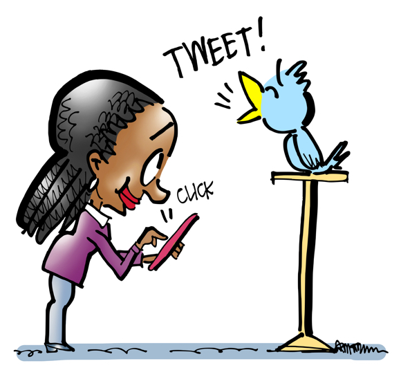 Woman clicking her mobile phone causing bird to tweet using content promotion app Click to Tweet