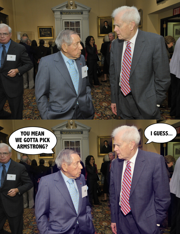 Before & After old royalty-free archive photo manipulated edited added captions word balloons two guys in suits talking at reception