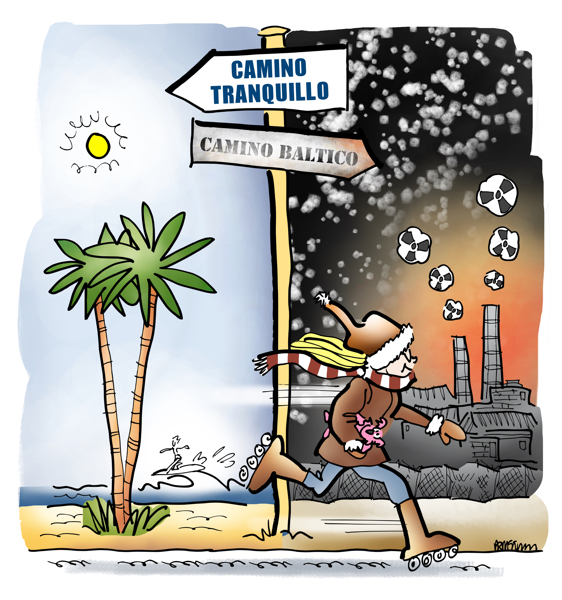 young woman bundled up in winter clothes running from sunny California to cold Baltic Chernobyl nuclear power plant spewing atomic fallout in Ukraine