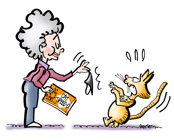 Woman offering a Speedo bathing suit to her terrified cat