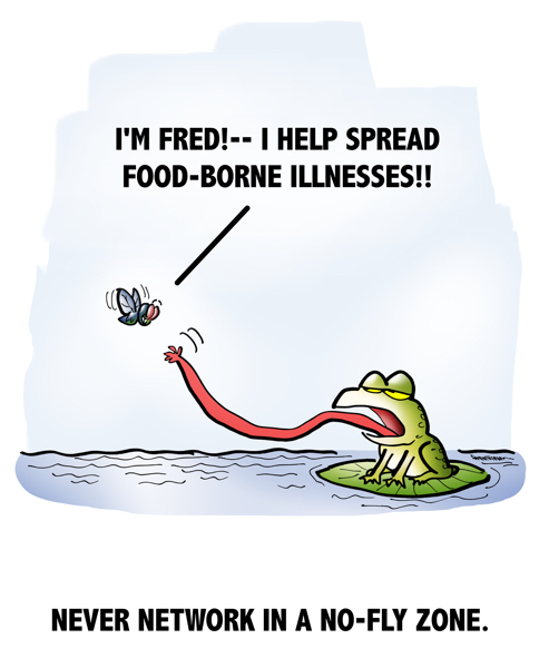 frog on lily pad reaching out with tongue to grab fly who spreads food-borne illnesses never network in no-fly zone