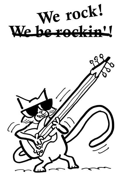 cat with sunglasses playing guitar with pencil neck fretboard use active voice not passive
