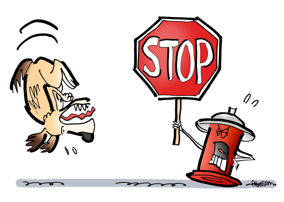 fire hydrant yelling holding big Stop sign approaching dog stunned by sound doing backflip