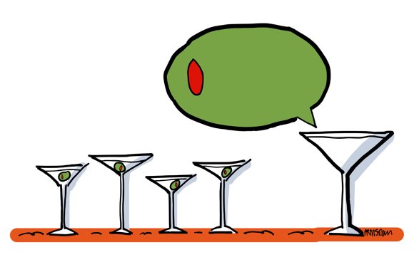 big martini glass speaking to smaller martini glasses speech balloon is giant olive