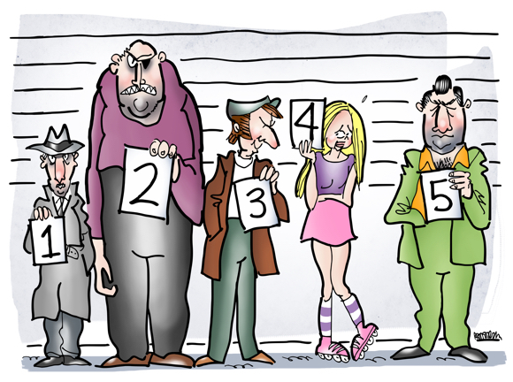 young California girl with roller blades in police lineup with thugs mobsters hoods bad guys