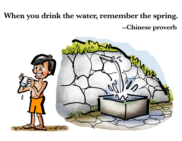 young boy drinking water from tin cup gushing into basin when you drink the water remember the spring Chinese proverb be grateful