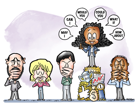 Five people standing in row four not speaking up hand over mouth one person asking questions standing on money blue ribbon trophy crown symbols of success