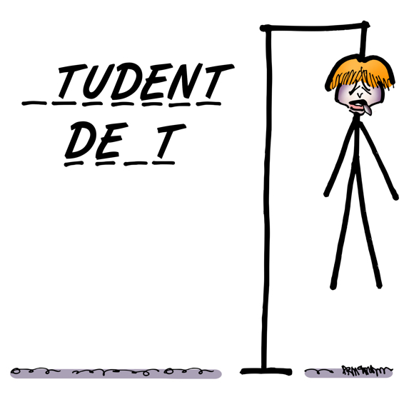 hangman game with stick figure hanging on gallows words revealed to be Student Debt which young woman is saddled with can't pay off