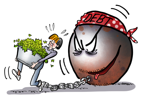 young woman carrying tub of organic kale at food co-op pursued by ball and chain old hippie leacher student debt