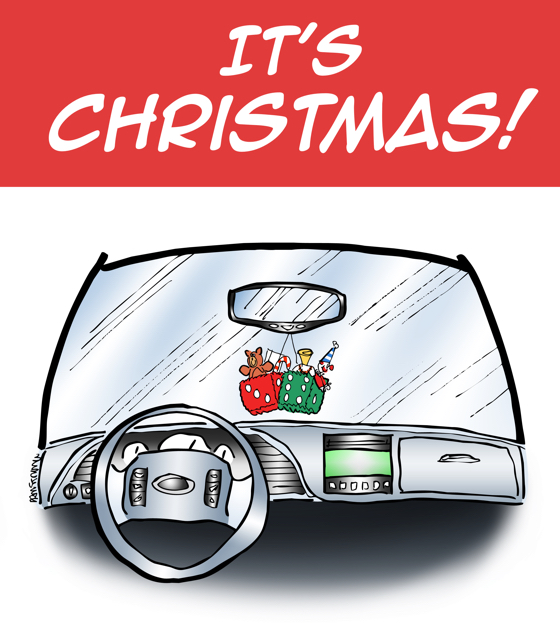 Christmas card car interior red green fuzzy dice attached to rearview mirror like Christmas stockings