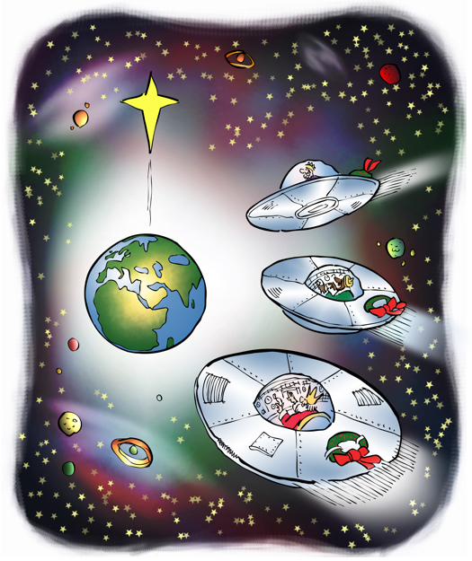 three kings wise men heading toward Earth in flying saucers with wreaths Star is pointing down towards Bethlehem