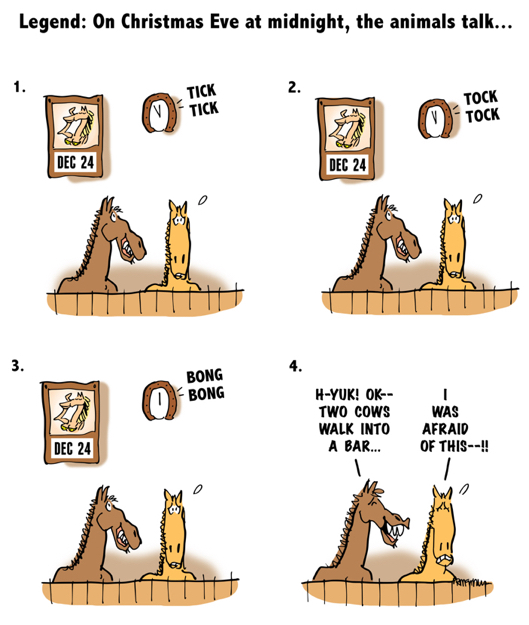 4-panel gag cartoon two horses in stall animals talk on Christmas Eve they're waiting for clock to strike midnight