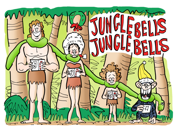 Tarzan Jane Boy monkey Cheetah lined up singing Christmas carol Jungle Bells with long snake wrapped around necks like scarf