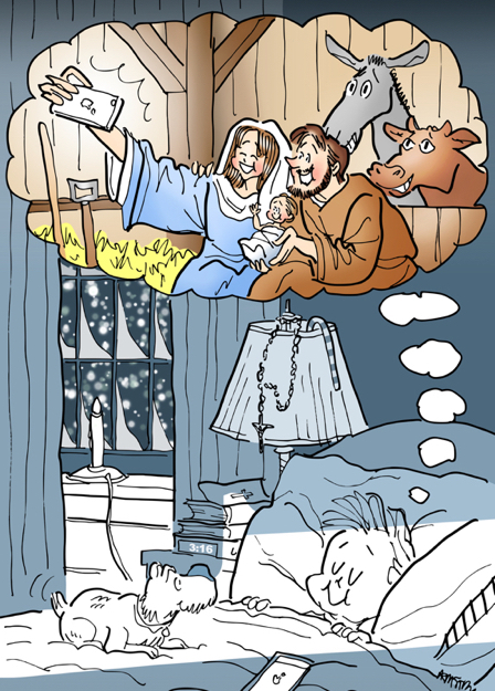 Boy dreaming in bed on Christmas Eve with dog snowing rosary on lamp imagining Mary taking selfie of her Joseph Jesus in manger stall