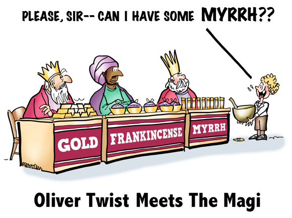 Oliver Twist with empty bowl facing three kings booths at Christmas fair selling gold frankincense myrrh asking Please, sir, can I have some myrrh?