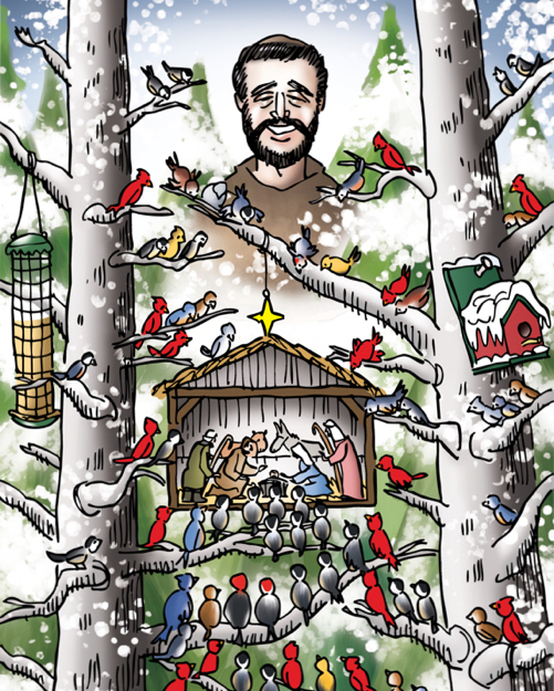 St. Francis with many birds in trees with birdfeeders on snowy day birds sitting looking at Christmas creche hanging in tree