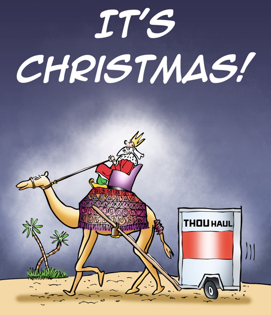 single wise men on camel with Thou-Haul trailer parody of U-Haul making his way across desert toward Bethlehem at Christmas