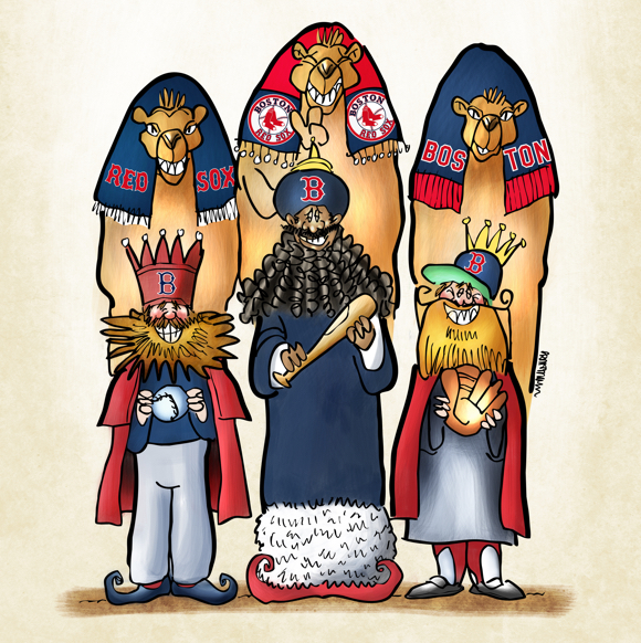 Three wise men with beards wearing Red Sox baseball caps carring baseball glove bat camels likewise wearing Red Sox blankets