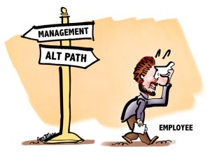 signpost with two arrows options management alternative path promotion track grateful employee wiping his brow