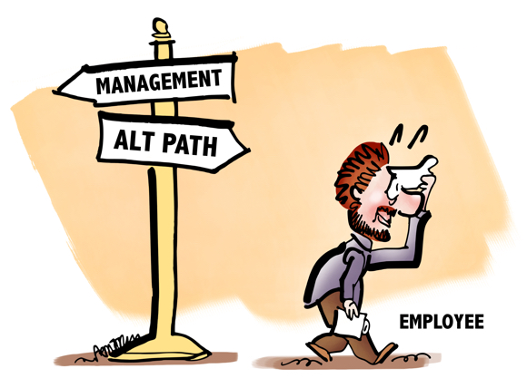 signpost with two arrows options management alternative path promotion track grateful employee wiping his brow