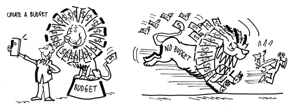 double rough sketch create a budget guy take selfie with lion money mane guy chased by lion in financial trouble because had no budget