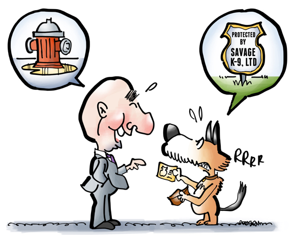 Laughing guy thinks dog just pisses on fire hydrants business card shows dog runs home security company Savage K-9, LTD