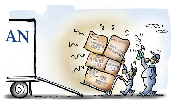 color finish illustration two movers transporting old ratty smelly cardboard boxes people moving have used to pack possessions spraying air freshener wearing gas masks