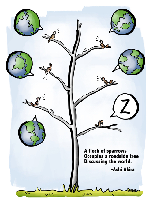 Sparrows in tree discussing world globe word balloons one bird asleep haiku Ashi Akira