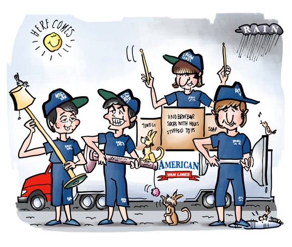 the Beatles as American Van Lines moving men playing floor lamp cat scratching pole birdbath instead of guitars Ringo drumming on packing boxes