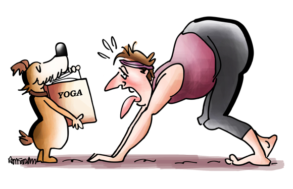 out of shape guy doing yoga trying to learn dog position his dog is holding yoga book open for him to reference