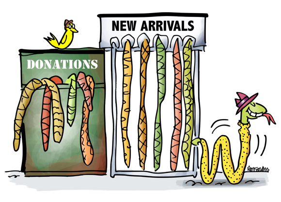 donation box for old snake skins rack for new arrivals vintage clothing store for snakes customer leaving wearing new snakeskin