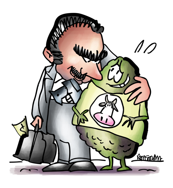 Mexican gangster with duffle bag full of money gun in waistband has arm around frightened avocado wearing cow tee-shirt